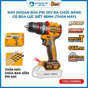 Thân Máy khoan pin 20V ba chức năng có búa motor không chổi than lực siết 66Nm INGCO CIDLI206681 | FULL BỘ CIDLI20668