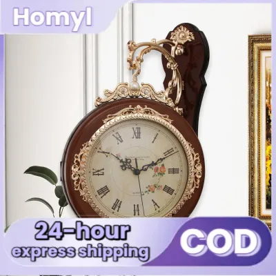 Double Sided Wall Clock Decorative Art Clock Round Non Ticking Silent Retro Design Wall Mounted for Office Home Decoration