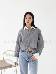 Aloha Emily Crop Stripe 2107 Atasan Kemeja Wanita Crop Salur Stripe Garis Shirt with zipper - Trendy Shirt
