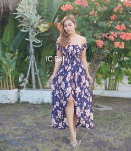 BAJU WANITA MODEL BARU LONG DRESS SORAYA MOTIF BUNGA TEROMPET LDS001