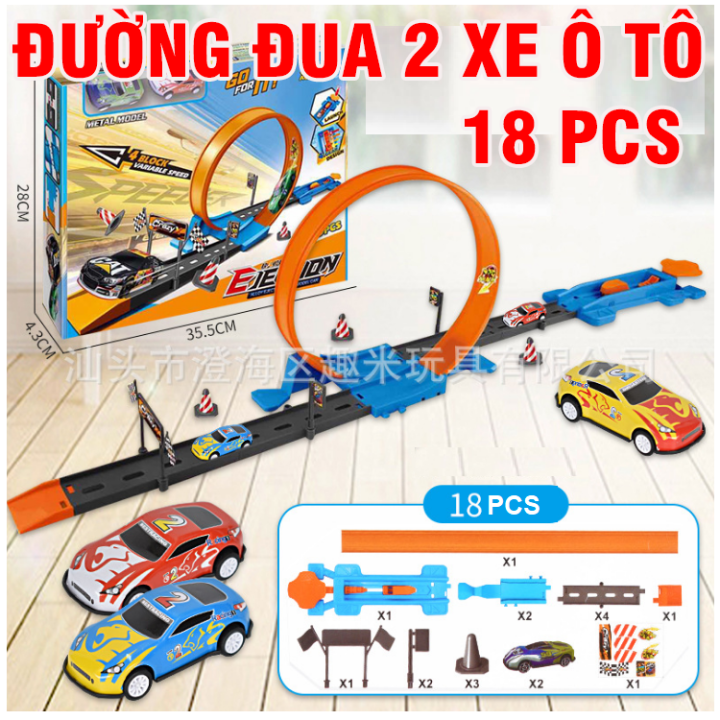 Bộ lắp ghép đường đua xe ô tô gồm 18 chi tiết lắp ráp và 2 ô tô die ...