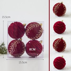 FOUNDTWO 4pcs Sequined Wine Red Flocking Christmas Balls Sparkling Various Style Combinations Christmas Tree Ornament Balls Home Decoration 6/8cm Christmas Tree Decoration 2024 New Year