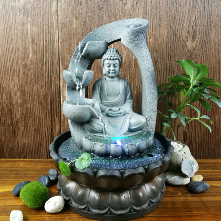 น้ำพุฮวงจุ้ยพระพุทธรูปเรซิ่นตั้งโต๊ะพร้อมไฟ LED