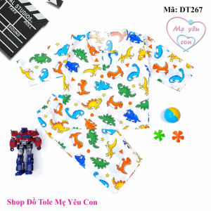 Bộ ngủ dài tay bé trai Size 2 (6-8kg). Vải tole/lanh 2 da loại 1 mát rượi. Có 2 nút cài trước cổ áo.