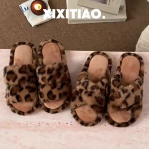 WY-XIXITIAO Casual Open-Toe Autumn Winter Warm Comfortable Cotton Slippers for Women ins Fashion Leopard Print Warm Furry Slippers for Bedroom