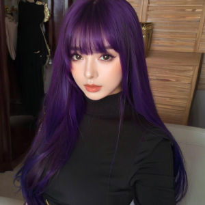 Purple simulation female long straight hair Japanese new cos air bangs wig Internet celebrity jk fashion atmosphere headgear
