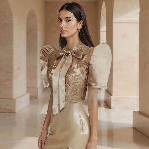 Amyenjoylife Champagne WomenS Shirt Philippine Design Bow Neck Shirt For Women Elegant Slim European And American Style Puff Sleeve Top