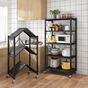 Modern Home Kitchen Cabinet Foldable Rack 162cm Collapsible Bookcase Movable Trolley Wheels Storage Rack 5 Tiers