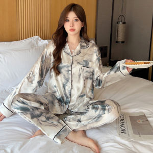 Floral Print Simulated Silk Women Sleepwear 2024 Spring Autumn China Style Ink Painting Classic Pajamas Loose Soft Lady Lounge