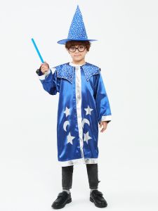 Kids Halloween Magician Costume Blue Robe and Hat sticker glasses Star Moon Magic Wizard Costume Cosplay Role Playing Decoration Clothing
