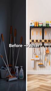 SJORAGE Wall Mount Mop Broom Holder with Storage Shelves Heavy Duty Cleaning Tool Organizer Rack with Hooks for Laundry Room Bathroom Vacuum Cleaner Hanger Home Storage