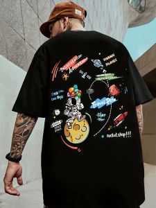 Cartoon Style Spaceman Print Mens Short Sleeve T-shirts Comfy Casual Breathable Tops For Mens Fitness Training Jogging Mens Clothing Graphic Tee