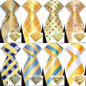 Yellow Fashion Paisley Solid Stripes Mens Tie Set 8cm Wedding Ties for Men New Design Hanky Neck Tie Set High Quality Necktie