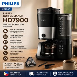 Philips HD7900 Fully Automatic Coffee Maker - Dual Bean Hopper 3 Strength & Grind Modes 5hr Auto Keep Warm Aroma Swirl System 1.25L Water Tank