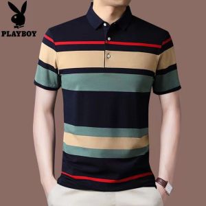 Mens Polo T-shirt Fashion Casual Top Short Sleeve Shirt Knit Striped Button Shirt
