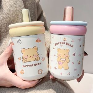 LINSBAYWU Cartoon Butter Bear Cup 500ml Stainless Steel Vacuum Straw Cup Portable Drinking Cup