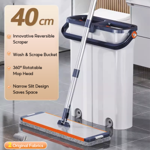 [SG Delivery]LOOLALA 40cm Large Flat Floor Mop and Bucket Set With Upgrade Wringer Set Wet and Dry Use