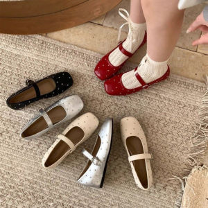 รองเท้าแมรี่เจนผู้หญิงสไตล์เกาหลี รองเท้าส้นแบนหัวเหลี่ยมสำหรับผู้หญิง สไตล์บัลเล่ต์ สไตล์วิทยาลัย