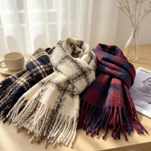 PLLEWY Plaid Pattern Womens Scarf Thickened Faux Cashmere Fashion Shawl High Grade Neck Warmer Fall Winter Wear
