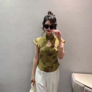 Ammin 2024 mùa hè mới Phong cách Trung Quốc Mới Trung Quốc nút bất thường cutout Áo có cổ tay ngắn nữ sang trọng thiết kế thêu hoa độc đáo Áo Blouse thanh lịch giản dị