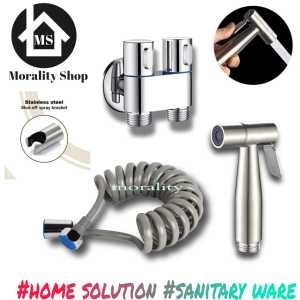 paket jet shower kloset kepala cebok stainless set selang pvc spiral abu muda 150cm + kran air mini cabang chrome murah JS27