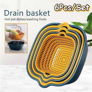 6Pcs/Set Double-layer Drain Basket Plastic Vegetable Washing Basket Wash Basin Household Kitchen Washing Box
