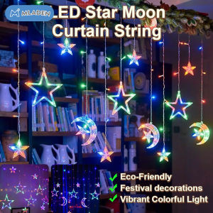 MLADEN Lampu Raya Star Moon Curtain Lights Hari Raya Wedding Party Home Fairy Light Ramadan Lampu Garden Decor