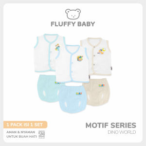 FLUFFY Setelan Baju Lengan Pendek Celana Pop (Isi 3Pasang) Dino World Newborn