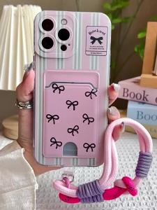 Compatible iPhone 16 Pro Case 15 Card Slot Striped Heart Bow 14 Plus Full Coverage 13 Shockproof New