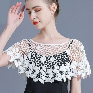 CURIO12 บาง ผ้าคลุมไหล่โครเชต์แบบเจาะรู แหลม ขาว ผ้าพันคอลูกไม้ แมตช์ได้ทุกชุด ผ้าพันคออุปกรณ์เสริม บลูซไหล่ปกปลอม ผู้หญิง