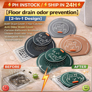 【Odor-Proof】 2 In 1 Bathroom Drain Cover Hair Debris Collector Soft Rubber Waterproof Adhesive Drain Protector Cartoon Bathroom