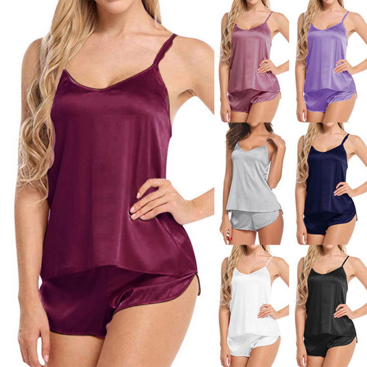 Oeak Sexy Sleepwear Set For Women Simulation Silk Thin Pajamas VNeck