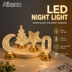 LED Night Light Creative Star Moon Oval Christmas Tree Shapes Warm Glow Battery Powered Portable Bedside Desk Nursery Decor Gift