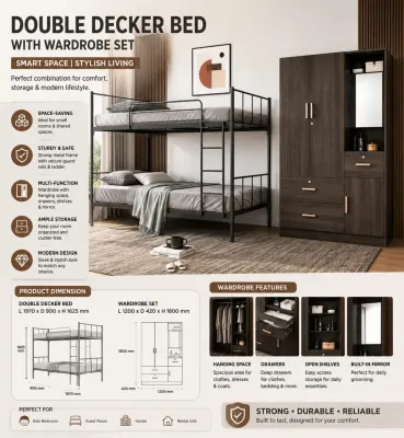 PLZ MAXSPACE Double Decker Bed with Wardrobe Set - Space Saving Sturdy Multi-Function Apple Storage Modern Design - Perfect for Smart Space Stylish Living