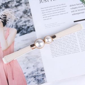 Leather Dress Wais Thin Belt Korean Style Temperament R  Hook Elastic Belt Female Pearl Waist Belt