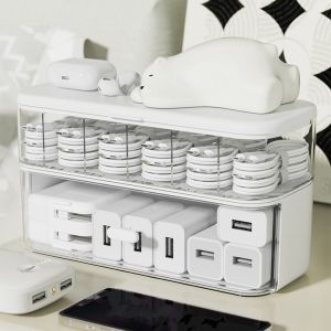NCNC(OKDEALS01) Clear Cable Storage Box Dustproof Plastic Data Cable Organizer Durable with Compartments Cable Management Box for Home