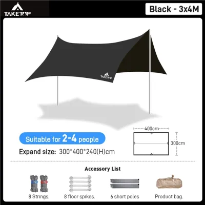 Canopy Tent Outdoor Awning Waterproof Tarp Shade Black Coating Ultralight UV Protection Camping Tent Easy To Assemble