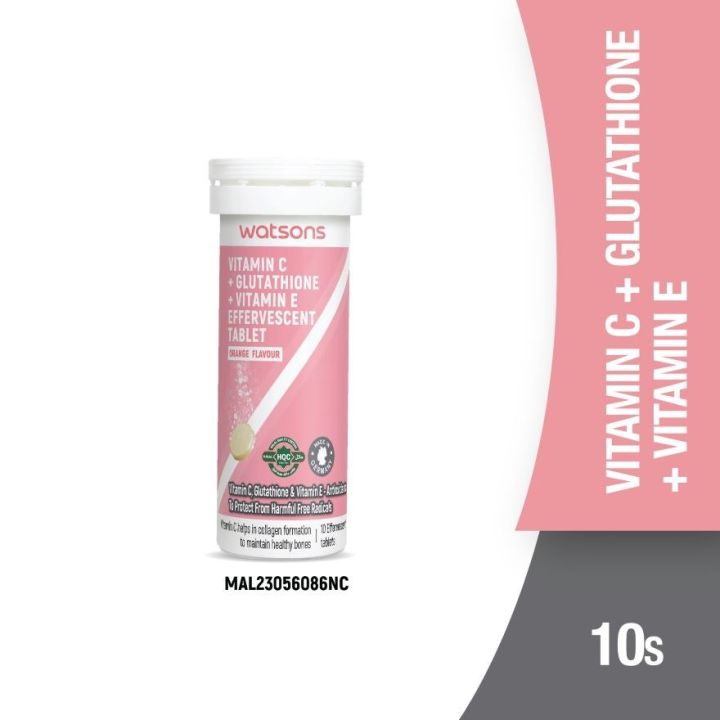 WATSONS Vitamin C + Glutathione + Vitamin E Effervescent Tablet Orange Flavour 10s - Vitamin C Helps In Collagen Collagen Support Supplement Single Item Delivery Option - Lazada