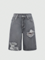 Bermuda Shorts Jorts High Waist Denim For Women  Embroidered Cross Design. 