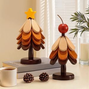 DIVATEN Tree-shaped Coaster Set With Storage Stand Wooden Cup Pad Foldable 3/4/5-Layers Table Pot Mat Kitchen