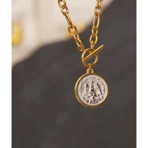 Yhpup Round Double Sided Angel Pendant Drop Necklace Stainless Steel Golden Chain Toggle-Clasps Statement Jewelry Waterproof
