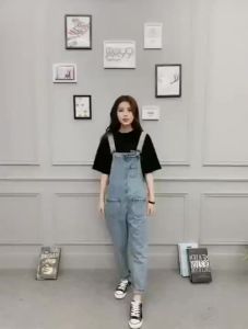 IELGY denim overalls womens high-waist loose straight-leg cropped workwear casual pants