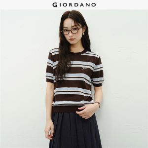 Giordano Women Embroidery striped short sleeve knitwear Free Shipping 18356216