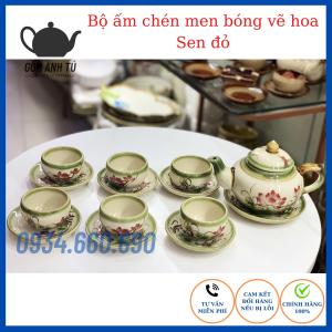 Bộ ấm chén Bát Tràng ấm pha trà men bóng dáng chóp vẽ hoa Sen đỏ dung tích ấm 400ml