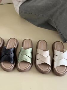 [Free Shipping] Womens Summer Platform Thick-Soled Sandals 2026 New Style Flat Sandals with a High-End Feel Suitable for Wearing with Skirts One-Strap Slippers