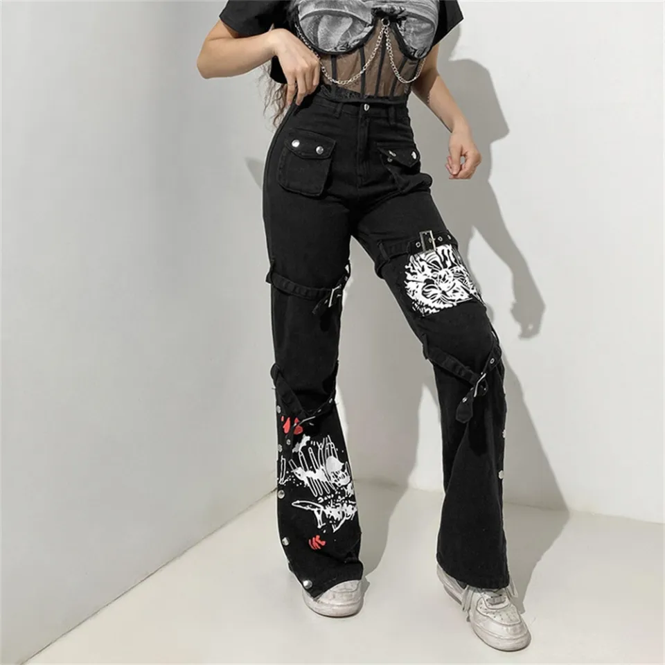 Women Flared Trousers High Waist Stretch Slim Ripped Jeans Cargo Pants  Street Wear Hot Sell Side Chain Patchwork Denim Jeans - China Baggy Jeans  Pants and Cargo Pants with Pockets Grunge Streetwear