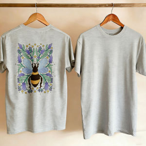 [Local Stock] HBESTY  Bee Crew Neck Short Sleeve T Shirt with Floral Pattern Purple Flowers Green Leaves Yellow Dots Gray Gothic Y2k Graphic T Shirts