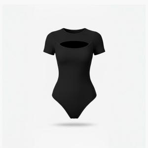 [Hottie Diary] Womens Black Cutout Bodysuit with Short Sleeves Figure Hugging Fit Perfect for Layering and Everyday Chic Minimalist Lingerie