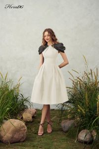 [Voucher 15% MOV 199K cap 100K  Đầm Tafta dáng xòe phủ vai tiểu thư HeraDG thiết kế phủ vai chất liệu tơ cao cấp mềm mại SDPBC6031