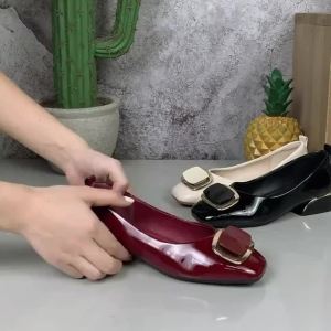 Hot sale№℡Red soft leather women s shoes 2021 summer new style single shoes low-heeled thick-heeled all-match shallow mouth women s shoes square toe women s leather shoes